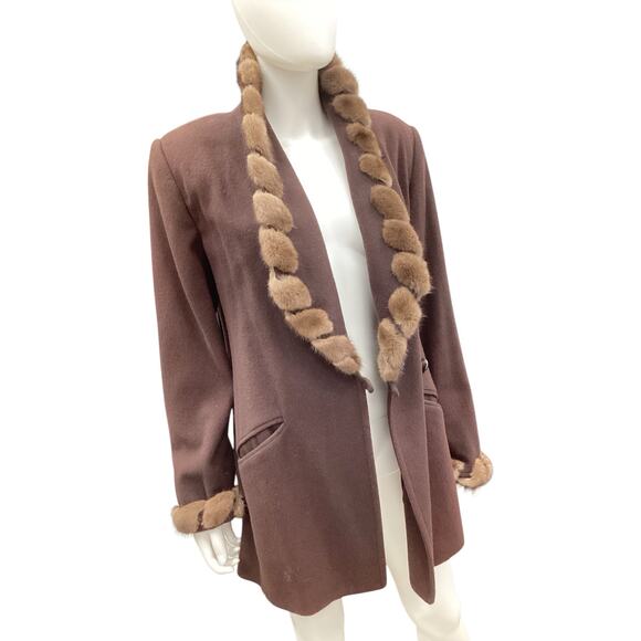 Vintage Marvin Richards Women’s Blazer Size M Lambswool Mink Trim Long Brown - Picture 2 of 5